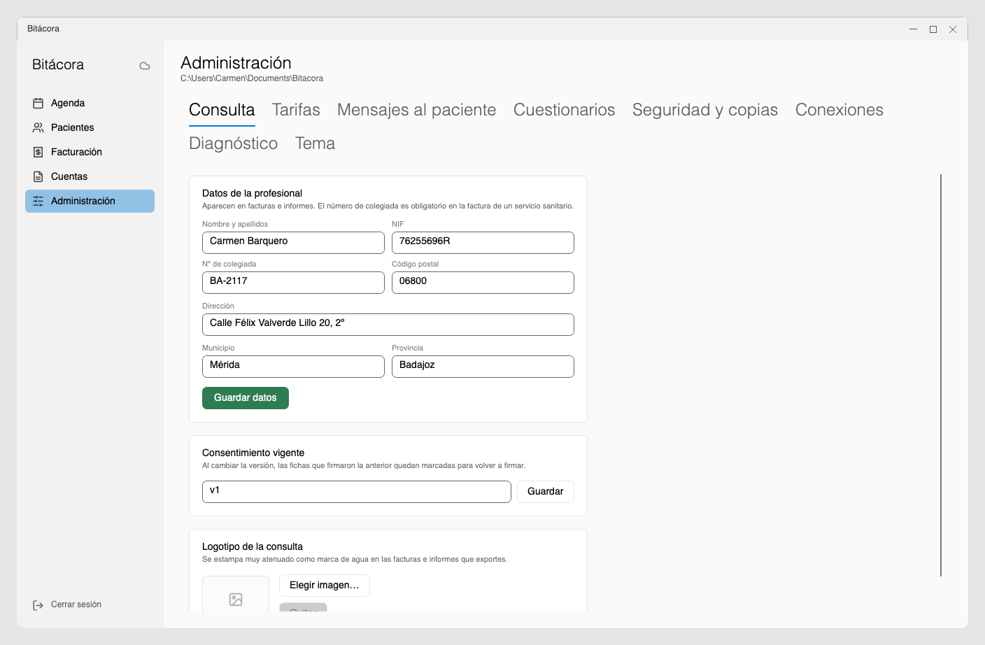 Pantalla de Administración, abierta por la pestaña Consulta con los datos de la profesional